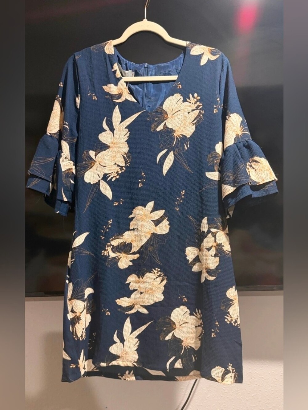 Floral Navy Midi Dress with Ruffle Sleeves